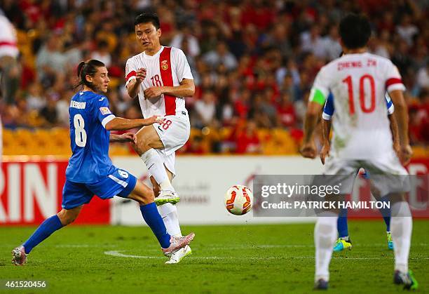 Gao Lin of China fights for the ball with Server Djeparov of Uzbekistan during the first round Asian Cup soccer match between China and Uzbekistan at...