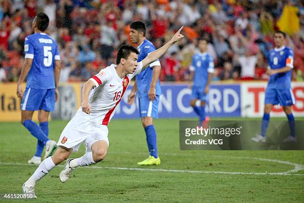 Sun Ke of China celebrates after scoring a goal during the 2015 Asian Cup match between China PR and Uzbekistan at Suncorp Stadium on January 14,...