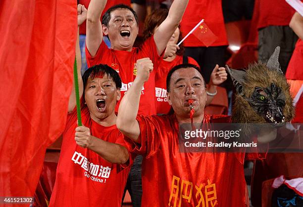 Chinese fans celebrate their teams win after the 2015 Asian Cup match between China PR and Uzbekistan at Suncorp Stadium on January 14, 2015 in...