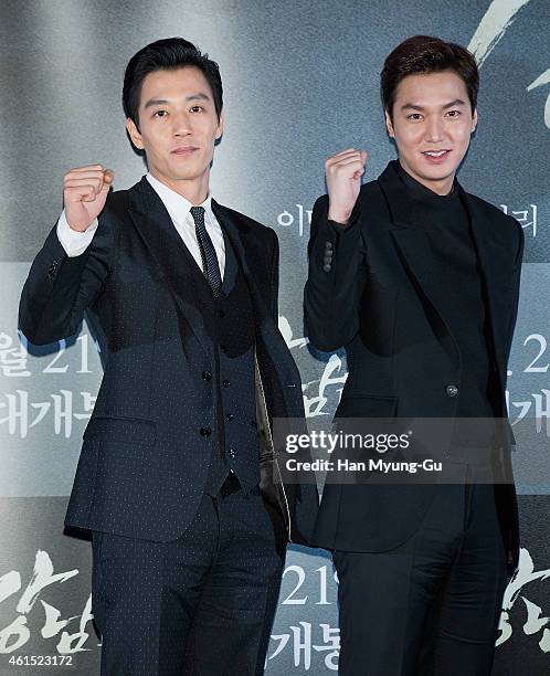 South Korean actors Kim Rae-Won and Lee Min-Ho attend the press screening for "Gangnam Blues" at CGV on January 13, 2015 in Seoul, South Korea. The...