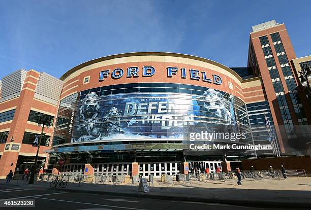 General exterior view of Ford Field prior to the start of the Quick Lane Bowl between the Rutgers Scarlet Knights and the North Carolina Tar Heels at...