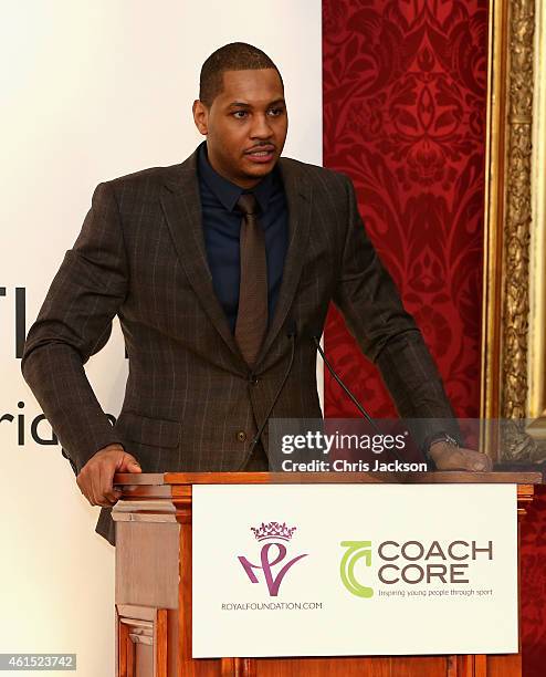 All-Star Carmelo Anthony talks during a Coach-Core Graduation event at St James's Palace on January 14, 2015 in London, England. The Coach Core...