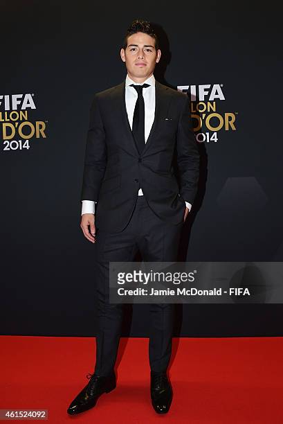 Puskas Award nominee James Rodriguez of Colombia and Real Madrid arrives for the FIFA Ballon d'Or Gala 2014 at the Kongresshaus on January 12, 2015...