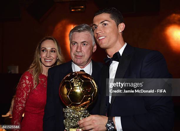 Carlo Ancelotti, coach of Real Madrid and wife Mariann Barrena McClay pose with FIFA Ballon d'Or winner Cristiano Ronaldo of Portugal and Real Madrid...