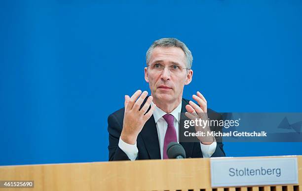 General Secretary Jens Stoltenberg attends a German Federal Press Conference on January 14, 2015 in Berlin, Germany.