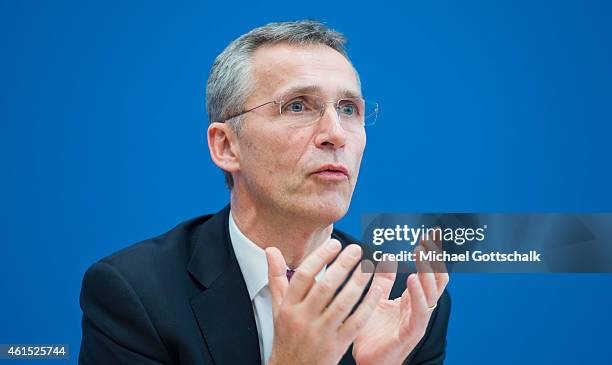 General Secretary Jens Stoltenberg attends a German Federal Press Conference on January 14, 2015 in Berlin, Germany.