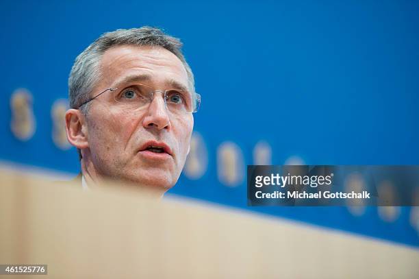 General Secretary Jens Stoltenberg attends a German Federal Press Conference on January 14, 2015 in Berlin, Germany.