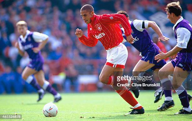 Nottingham Forest striker Stan Collymore races away from the Stoke defence during the FA Premier League match between Nottingham Forest and Stoke...