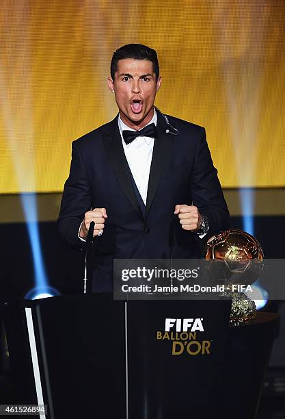 Ballon d'Or winner Cristiano Ronaldo of Portugal and Real Madrid accepts his award during the FIFA Ballon d'Or Gala 2014 at the Kongresshaus on...