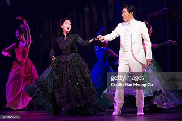 Seohyun of South Korean girl group Girls' Generation and Kim Pub-Lae attend the press call for musical "Gone With The Wind" on January 13, 2015 in...