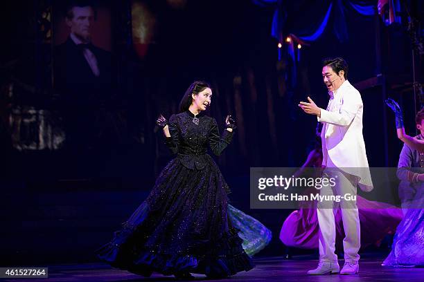 Seohyun of South Korean girl group Girls' Generation and Kim Pub-Lae attend the press call for musical "Gone With The Wind" on January 13, 2015 in...