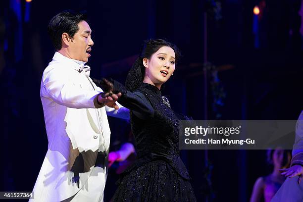Seohyun of South Korean girl group Girls' Generation and Kim Pub-Lae attend the press call for musical "Gone With The Wind" on January 13, 2015 in...