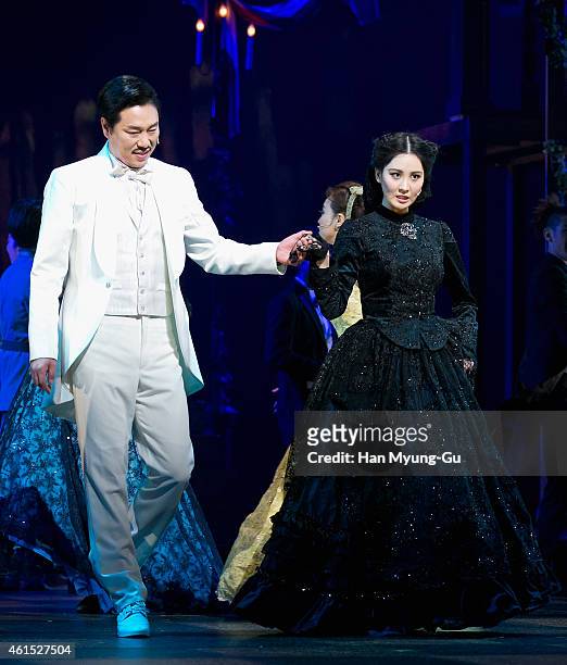 Seohyun of South Korean girl group Girls' Generation and Kim Pub-Lae attend the press call for musical "Gone With The Wind" on January 13, 2015 in...