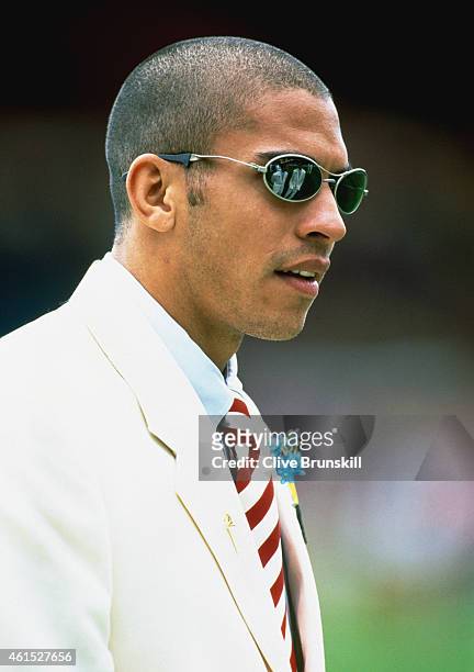 Liverpool striker Stan Collymore looks on before the 1996 FA Cup Final between Liverpool and Manchester United at Wembley Stadium on May 11, 1996 in...