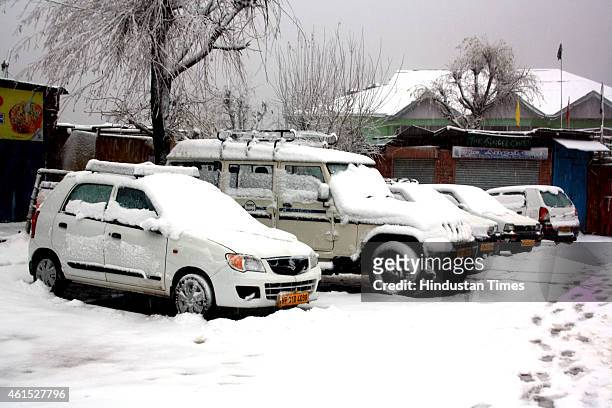 Vehicles stuck on the Naddi road as intense cold waves persists in the region with heavy snowfall on January 14, 2015 in Dharamsala, India. Shimla...