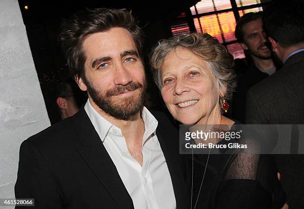Jake Gyllenhaal and mother Naomi Foner Gyllenhaal pose at the "Constellations" Broadway Opening Night After Party at Urbo NYC on January 13, 2015 in...