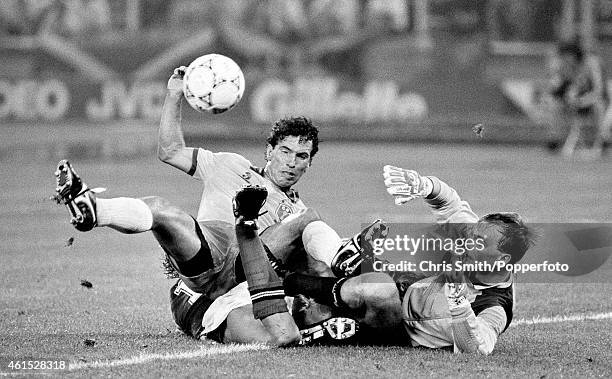 Antonio Careca of Brazil scores the winning goal after confusion in the Scotland defence with goalkeeper Jim Leighton beaten at close range during...