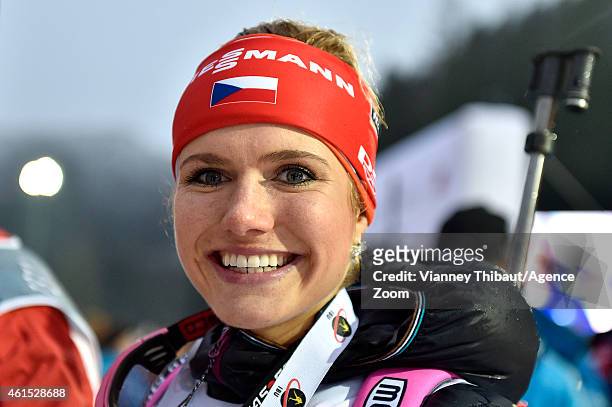 Gabriela Soukalova of the Czech Republic takes 1st place during the IBU Biathlon World Cup Women's Relay on January 14, 2015 in Ruhpolding, Germany.