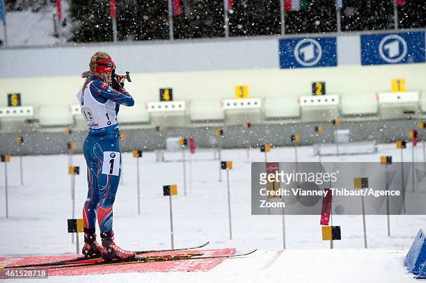 Gabriela Soukalova of the Czech Republic takes 1st place during the IBU Biathlon World Cup Women's Relay on January 14, 2015 in Ruhpolding, Germany.