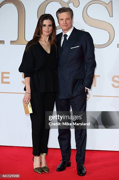 Colin Firth and Livia Giuggioli attend the World Premiere of "Kingsman: The Secret Service" at Odeon Leicester Square on January 14, 2015 in London,...