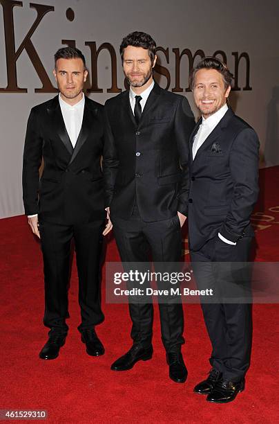 Gary Barlow, Howard Donald and Mark Owen of Take That attend the World Premiere of "Kingsman: The Secret Service" at Odeon Leicester Square on...