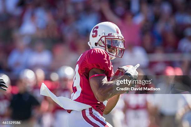 Doug Baldwin, wide receiver for the Stanford Cardinal, runs after making a catch during an NCAA football game against the Sacramento State Hornets...