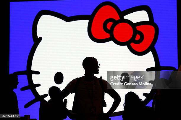 Michael Coleman, from San Francisco, center, visits the first day of the Hello Kitty Con 2014 at The Geffen Contemporary at MOCA in Los Angeles,...