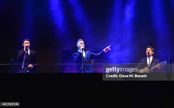 Howard Donald, Gary Barlow and Mark Owen of Take That perform at the World Premiere of "Kingsman: The Secret Service" at Odeon Leicester Square on...