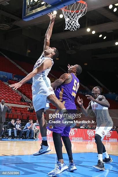 Grant Jerrett of the Oklahoma City Blue shoots the ball against the Los Angeles D-Fenders during an NBDL game on January 13 2014 at the Cox...