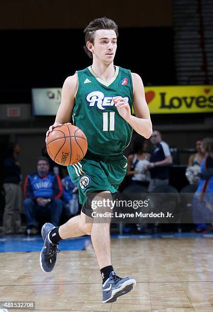 David Stockton of the Reno Bighorns dribbles the ball against the Oklahoma City Blue during an NBDL game on January 10 2015 at the Cox Convention...