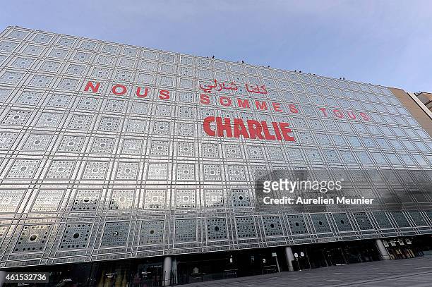 Tribute of 'Nous Sommes Tous Charlie ' is seen written on the outside of the Arab World Institute on January 14, 2015 in Paris, France. Released...