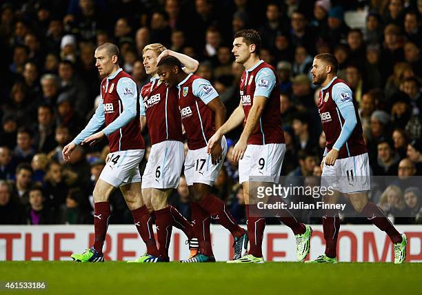 Marvin Sordell of Burnley celebrates with team mates as he scores their first goal during the FA Cup Third Round Replay match between Tottenham...