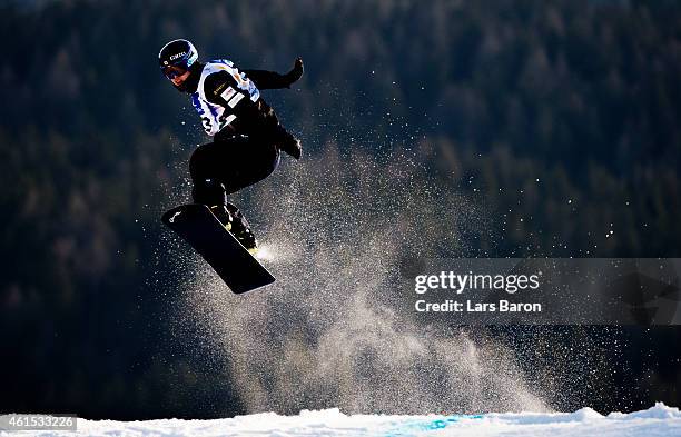 Shinya Momono of Japan competes during Men's Snowboard Cross training ahead of the FIS Freestyle Ski and Snowboard World Championships on January 14,...