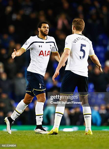 Etienne Capoue of Spurs celebrates with Jan Vertonghen as he scores their second and equalising goal during the FA Cup Third Round Replay match...