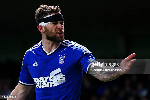 Daryl Murphy of Ipswich reacts during the FA Cup third round replay match between Ipswich Town and Southampton at Portman Road on January 14, 2015 in...