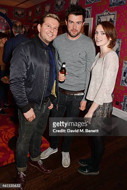 Greg McHugh, Jack Whitehall and Charlotte Ritchie attend a drinks reception ahead of a special screening of "Whiplash" at The Soho Hotel on January...