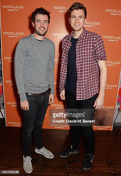 Jack Whitehall and Greg James attend a drinks reception ahead of a special screening of "Whiplash" at The Soho Hotel on January 14, 2015 in London,...