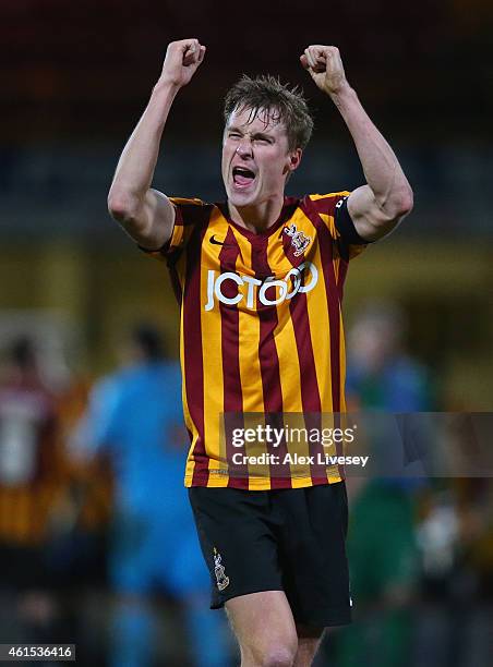 Stephen Darby of Bradford City celebrates after the FA Cup Third Round Replay match between Bradford City and Millwall at Coral Windows Stadium,...