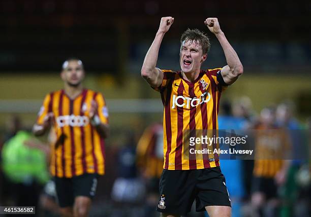 Stephen Darby of Bradford City celebrates after the FA Cup Third Round Replay match between Bradford City and Millwall at Coral Windows Stadium,...