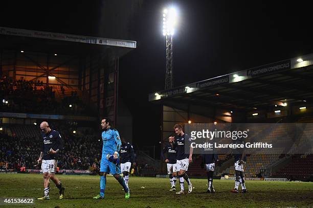 The Millwall team trudge off the field after defeat in the FA Cup Third Round Replay between Bradford City and Millwall at Coral Windows Stadium,...