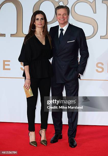 Livia Giuggioli and Colin Firth attend the World Premiere of "Kingsman: The Secret Service" at Odeon Leicester Square on January 14, 2015 in London,...