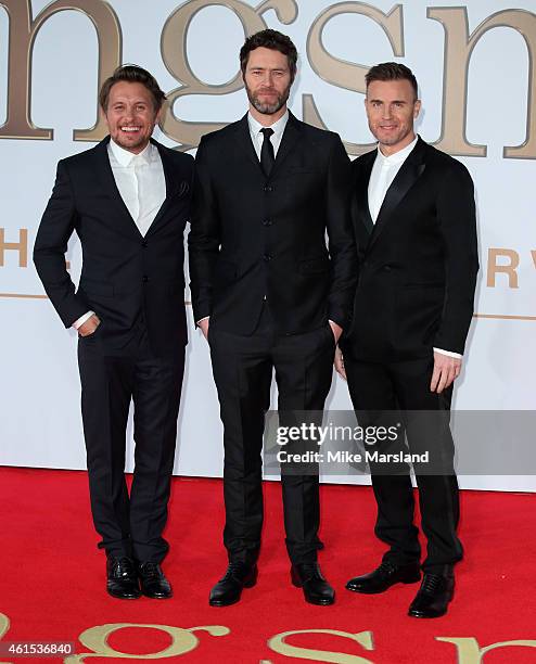 Gary Barlow, Howard Donald and Mark Owen of Take That attend the World Premiere of "Kingsman: The Secret Service" at Odeon Leicester Square on...