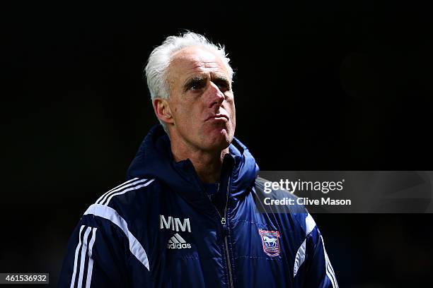 Mick McCarthy, manager of Ipswich reacts after the FA Cup third round replay match between Ipswich Town and Southampton at Portman Road on January...