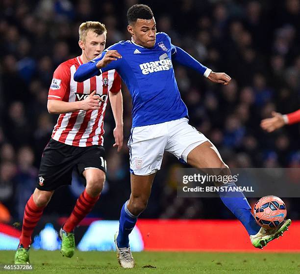 Ipswich Town's English defender Tyrone Mings controls the ball during the English FA Cup Third Round football match replay between Ipswich Town and...