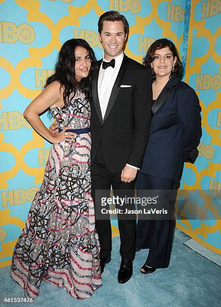 Jenni Konner, Andrew Rannells and Ilene S. Landress attend HBO's post Golden Globe Awards party at The Beverly Hilton Hotel on January 11, 2015 in...