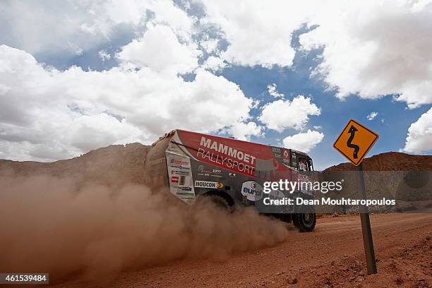 Martin Van Den Brink and Richard Mouw of the Netherlands and Peter Willemsen of Belgium for Mammoet Rallysport K520 Renault compete in the near the...