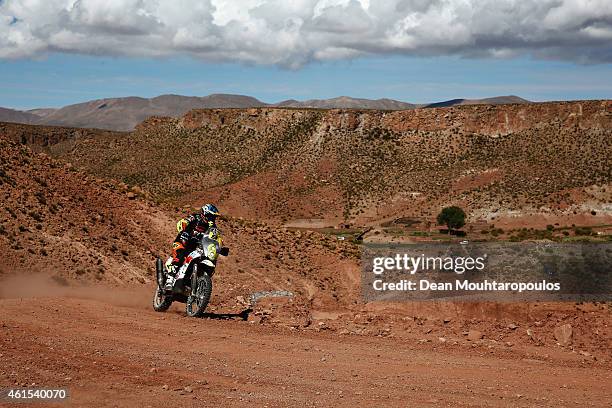 David Casteu of France for Team Casteu 450 rally Replica KTM competes near the Salinas Grandes during Stage 10 on day 11 of the Dakar Rallly between...