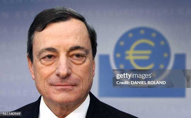 Mario Draghi, President of the European Central Bank addresses the media during a press conference following the meeting of the Governing Council in...