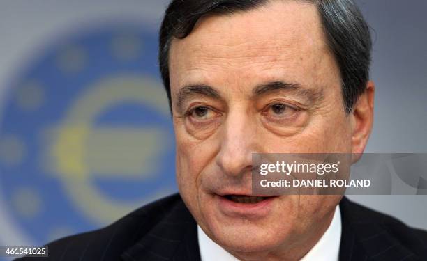 Mario Draghi, President of the European Central Bank addresses the media during a press conference following the meeting of the Governing Council in...