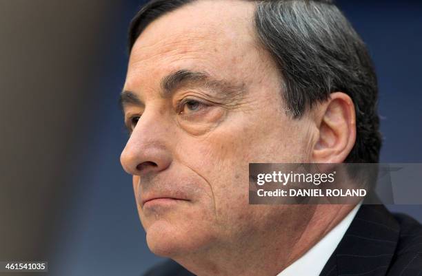 Mario Draghi, President of the European Central Bank addresses the media during a press conference following the meeting of the Governing Council in...